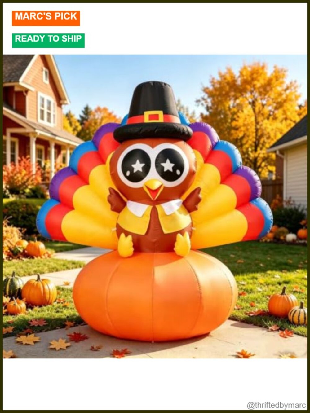 6.5FT Thanksgiving Inflatable Turkey with Pumpkin, Outdoor Fall Decoration, LED